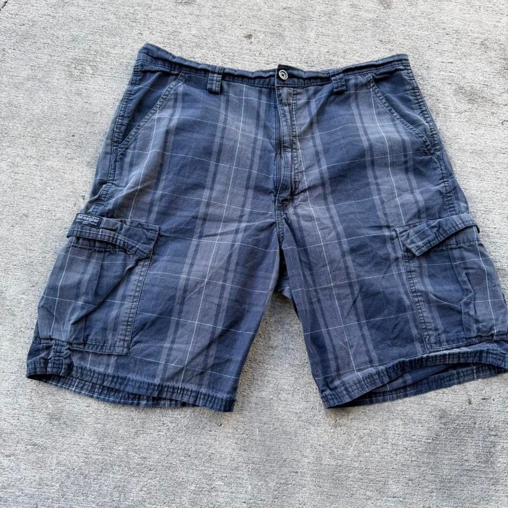 Baggy Plaid Cargo Shorts Wrangler Blue Grey Y2K Skate Utility